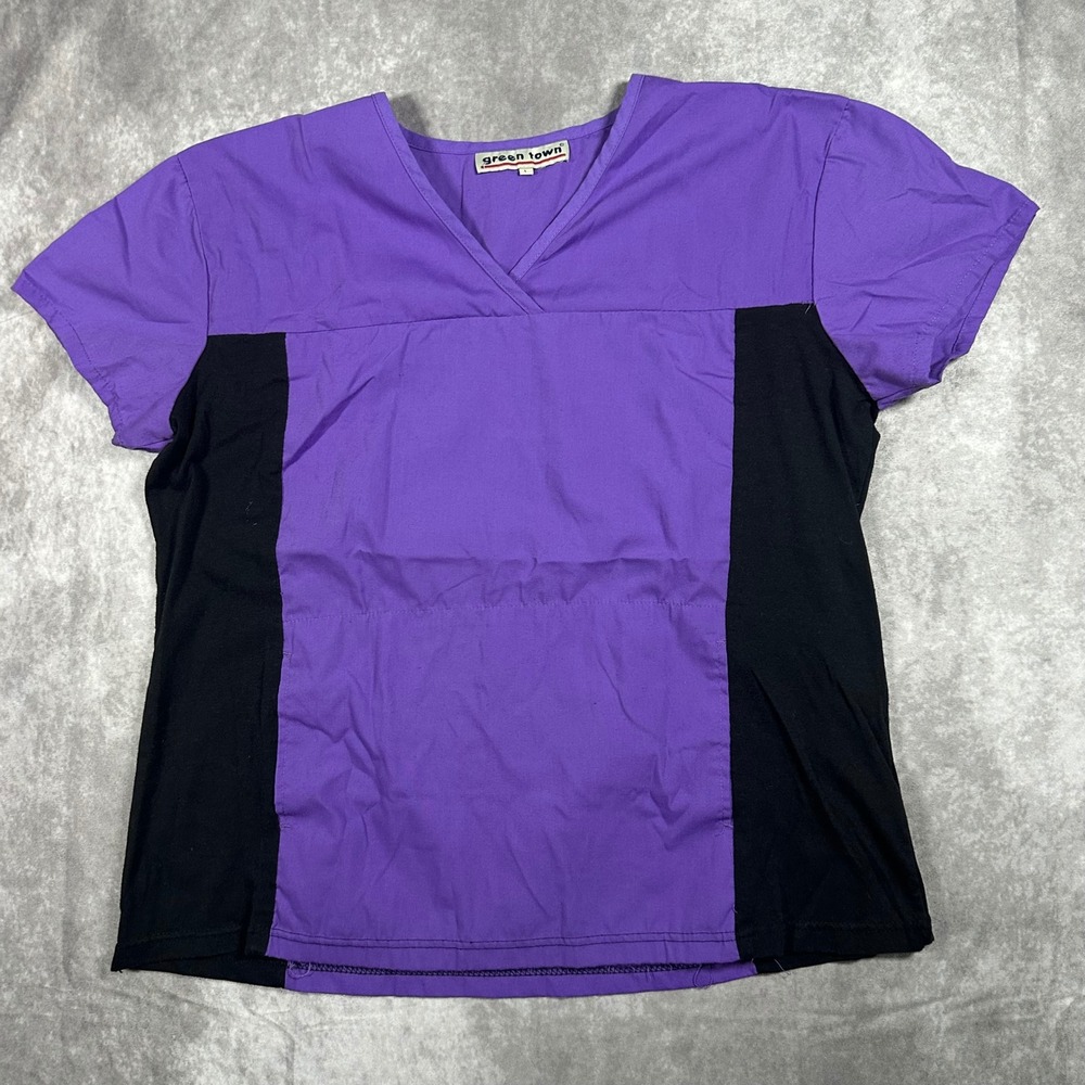 Green Town Womens Scrub Top Purple Black V-Neck Short Sleeve Large Pocket